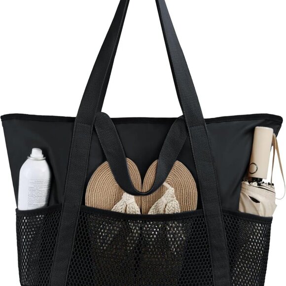 Large Waterproof Foldable Beach Tote for Women - Black with Mesh Pockets - Picture 1 of 7